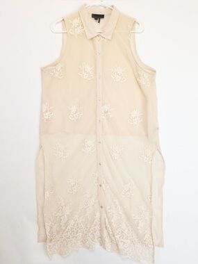I jeans By buffalo Embroidered Sheer Mesh Lace Beige Long Duster Button Up XL